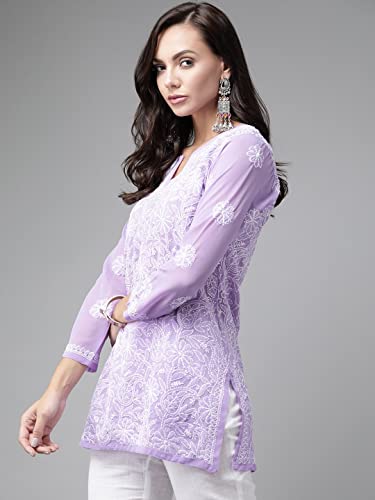 Image of Ada Women's Georgette Regular Fit Chikankari Hand Embroidered Lucknow Short Kurti Top A911224