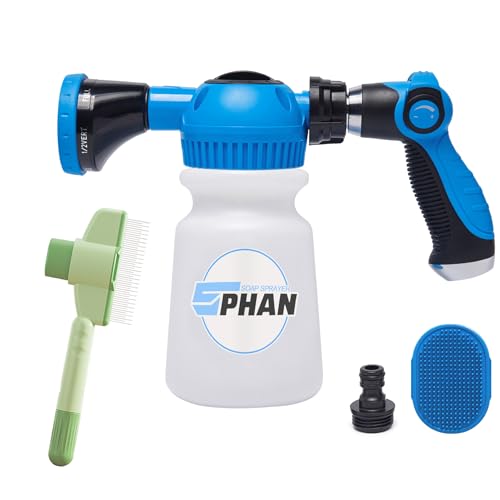 Giant Pet Washing Hose Attachment 6-in-1 Soap Sprayer Moden Garden Hose Nozzle with 1000cc Soap Dispenser Dog Bath Brush & Pet Comb for Watering Car Wash Dog and Horse Showering (Blue)