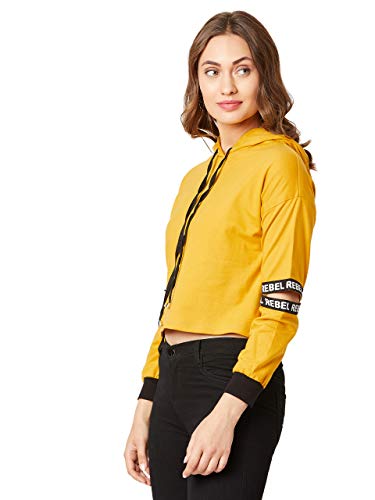 Image of Miss Chase Women's Mustard Hooded Full Sleeves Solid Boxy Drawstring Cut-Out Crop Sweatshirt