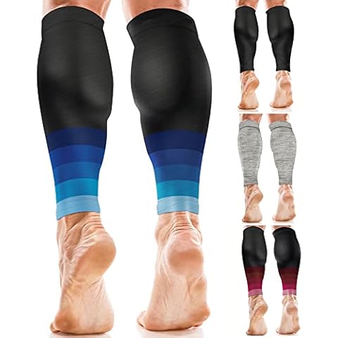 aZengear Calf Support Compression Sleeves (Pair) for Women, Men, Running | 20-30mmHg Class 2 Shin Splints Brace, Footless Leg Socks for Torn Muscle Pain Relief, Cramps (L-XL, Black w/Blue) Cover