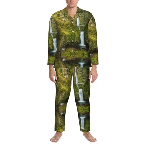 Pyjama homme noir manches longues XXL vêtement de nuit doux imprimé cascade et pantalon