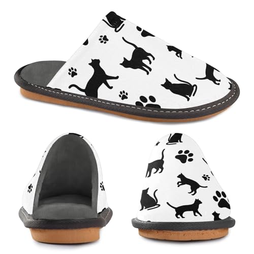 ODAWA Black Cat Paw Prints White Memory Foam House Shoe Slippers for Elderly Women, Slip On House Shoes for Women Size 4-54