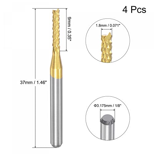 Image of uxcell End Mill CNC Router Bits, 1 /8 inch 3.175mm Shank 1.8mm x 9mm Titanium Coated Tungsten Carbide Left Hand Engraving Milling Cutter for PCB Plastic Fiber Wood 4pcs