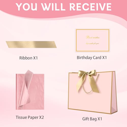 Image of JMANNI Pink Gift Bags with Handles, 14.6 inch Large Gift Bags with Tissue Paper | 1 Pcs Pink Gold Bags, 2 Tissue Paper and 1 Cards, for Baby Shower, Wedding Bridal Shower, Birthday Party