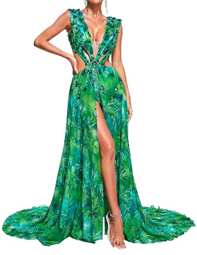 Red Maxi Beach Squin Printed Floral Dress for Women Summer Chiffon Cut Out Backless Deep V Neck Vacation Dress