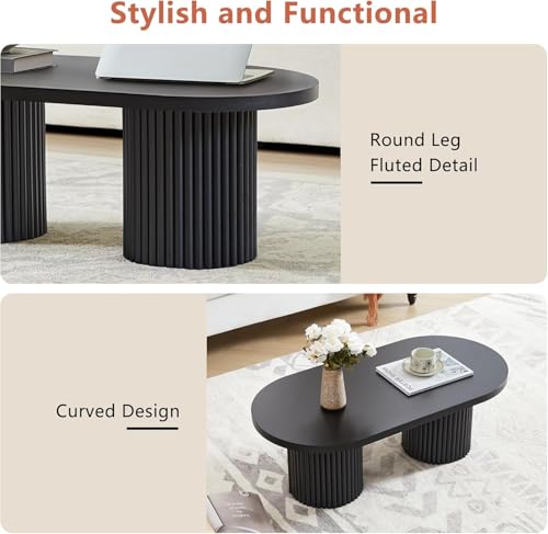 Image of Small Fluted Coffee Table, Farmhouse Oval Wood Coffee Table,Black
