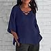Womens Oversized Linen Shirt Plus Size Fashion 2026 V Neck Blouse Loose Fit Half Sleeve Casual Hollow Out Summer Tops Blue