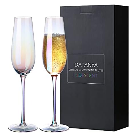 Champagne Flutes Iridescent Luster Champagne Glasses 8 Ounce Crystal Hand Blown Lead-Free Long Stem Sparkling Wine Glasses, Elegant Gift Box for Christmas, Wedding Celebration, Birthday Gifts-Set of 2 Cover