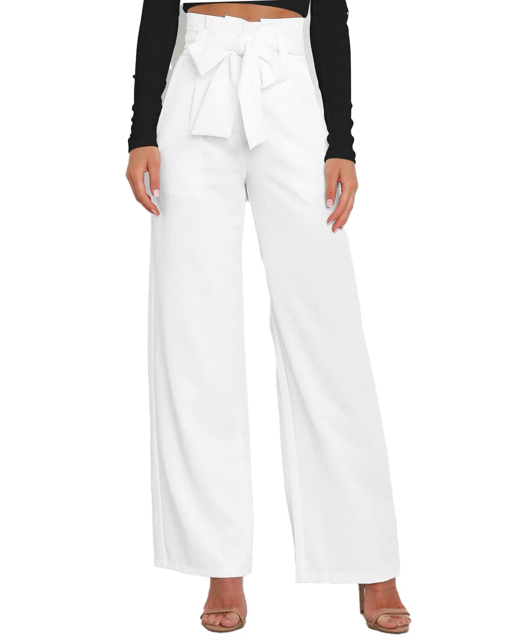 Azuki Womens Paper Bag Waist Pants Elagnt Wide Leg Straight Pants with Pockets