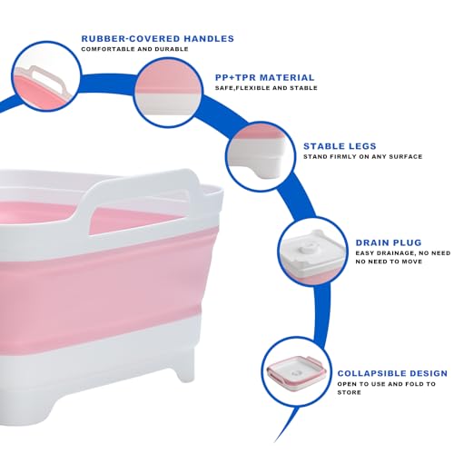 Collapsible Dish Basin 2.4Gal/9L, Foldable Kitchen Sink Tub With Drain Plug,Wash Basin for Dishes,Fruits,Bottles,Space-Saving for RVs,Camping & Laundry(Pink)