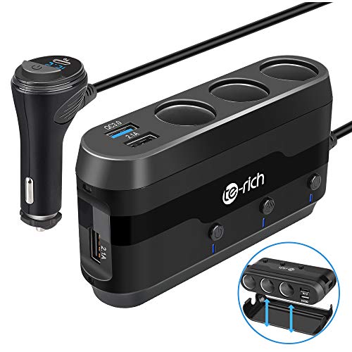 Te-Rich Quick Charge 3.0 & USB C 120W 3-Socket Cigarette Lighter Adapter, 12V/24V