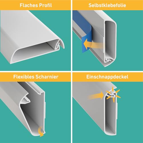 D-Line TV Kabelkanal, Fernsehkabel-Organiser, lackier, und überstreichbar, selbstklebend, einteiliges Design mit Scharnieren, 1x 60mm (B) x 15mm (H) x 40cm Länge - Weiß