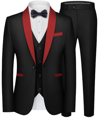WEEN CHARM Mens Suit Slim Fit Tuxedo 3 Piece One Button Shawl Lapel Blazer Jacket Vest Pants Set for Prom Party Black Red