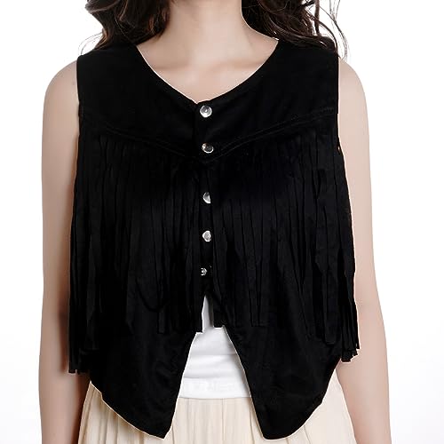 Women Tassel Vest 70s Hippie Sleeveless Faux Suede Rivets Fringe Vest Waistcoat Jacket Cowgirl Outfits3