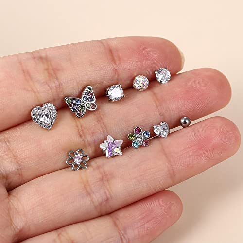 Sailimue 10 Pairs Hypoallergenic Screwback Earrings For Women 316L Stainless Steel Heart Cz Screw Back Earring Studs Multicolored Butterfly Flower Stud Earrings Set #TOP6