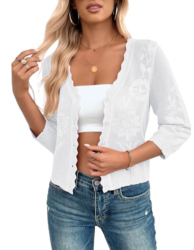 Image of Women Crop Cardigan Sweaters Lightweight 3 /4 Sleeve Button Up Crochet Shrug | Textured Bolero For Dresses Dressy Casual, V Neck, Ladies Eyelet Shawl Thin Trendy
