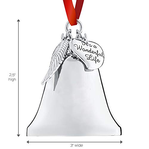 Christmas Bell Ornament - Shiny Silver Christmas Ornament - Ornament With Angel Wing And Heart Charms - It's A Wonderful Life Bell Ornament For Christmas Tree - Silver Bell With Gift Box By Klikel #TOP1
