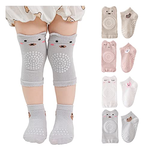 Huakunda 4 Paar Baby Knieschoner Baby Socken, Unisex Beinwärmer Kleinkind Anti-Rutsch mit Gummipunkten zum Krabbeln 0-36 Monate (S, 01)