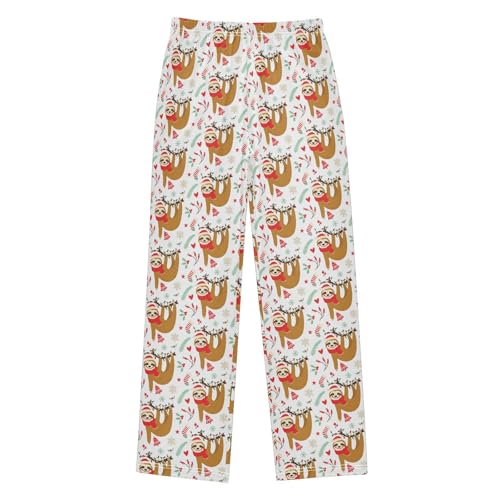 ZZXXB Merry Christmas Sloth Holly Leaves Boys Long Pants Soft Trousers Elastic Waist Kids Lounge Bottoms with Pockets S-XL