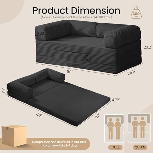 Image of Tri-Fold Foldable Mattress, Convertible Folding Sofa Bed with Removable Arms & Washable Cover, All-in-One Portable Mattress Floor Sofa Bed, No Assembly Required & Non-Slip, Queen Size, Black