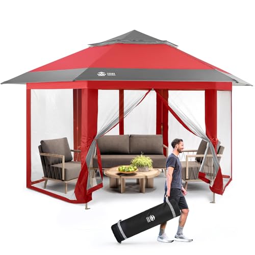 CROWN SHADES Gazebo desplegable de 16 x 16 pulgadas con mosquiteros, kiosko portátil de 6 lados con bloqueo central patentado, tela recubierta de plata 300D
