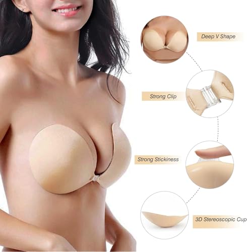 Image of queensecret Adhesive Bra, Push up Strapless Self Adhesive Bra, Invisible Silicone Bra for Backless Dress (Nude, D)