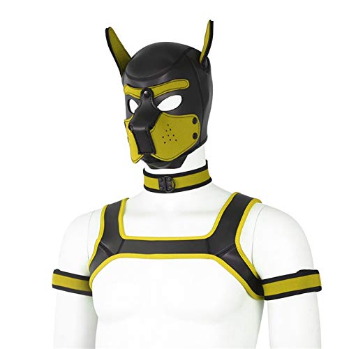 YiQin RWSX Weiche Latex-Hundemaske mit Ohren, Welpenmaske für Cosplay-Party-Maskerade Set (Maske, Halsband, Armbinde, Riemen) (Color : Yellow, Size : X-Large)