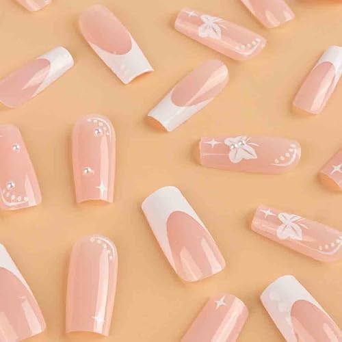 Miniatura 2 de Uñas postizas a presión con punta francesa, uñas acrílicas cuadradas con perlas, uñas blancas para mujer