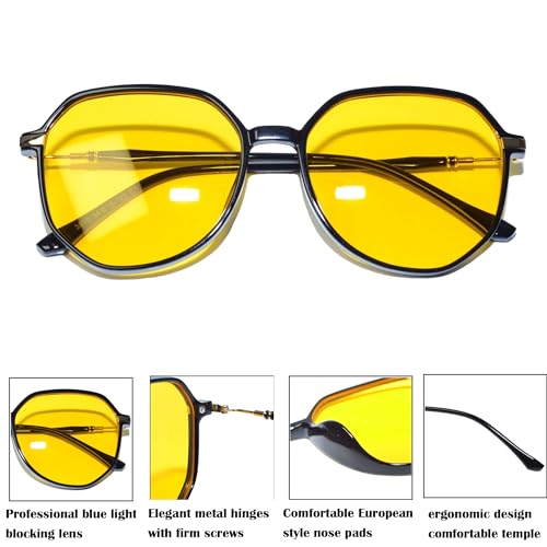 Image of Blue Light Blocking Gaming & Night Driving Glasses - Retro Black Polygonal Frame, Anti-Fatigue Yellow Lenses with Metal Accents for Computer Work & Fashion