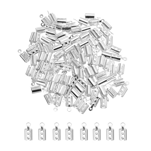 MECCANIXITY 200Pcs Cord End Caps, 4.2mm End Caps Barrel Beads Kumihimo End Caps Iron for Leather Ribbon Clamp Clasp Jewelry Making Necklace Cord DIY Craft (Silver)