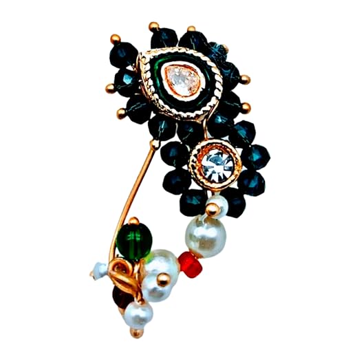 SWAMI- Nath Nose Ring (Press)/NOSE PIN green crystal nath Pearl Stone Diamond, Traditional Maharashtrian Pressing clip on Wedding Bridal Latest, Stylish For Women, Girls