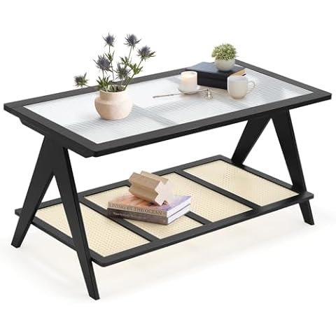 SENNAUX 2-Tier Rattan Glass Coffee Table, Boho Bamboo Coffee Table with Glass Top & ABS Rattan Storage Shelf, Mid Century Modern Center Rectangle Coffee Table for Living Room, Small Space, Black Cover