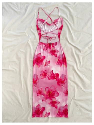Image of GORGLITTER Women's Floral Open Back Bodycon Maxi Dresses Bow Tie Wedding Guest Birthday Going Out Party Long Dress