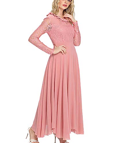Aofur Women's Long Sleeve Chiffon Maxi Dresses Casual Floral Lace Evening Cocktail Party Long Dress (Medium, Light Pink)