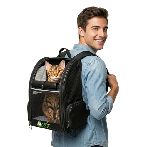 Image of MAK7 Cat Carrier Backpack | Breathable Mesh Design, Lightweight Travel Bag for Small Pets | Wide Strap, Foldable | Cat Bag Dog Carrying Bag | ThickHard Base |Pure Black|
