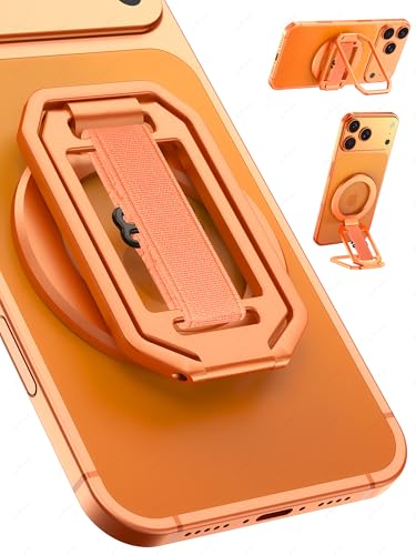 Image of 【On-the-Go】Pro Aluminum Phone Grip Stand for MagSafe,【Extendable】360 Rotatable Magnetic Ring Holder with【Anti-Slip】Finger Strap for iPhone 17 16 Pro Max Portrait Landscape & Mag Safe Case - Orange