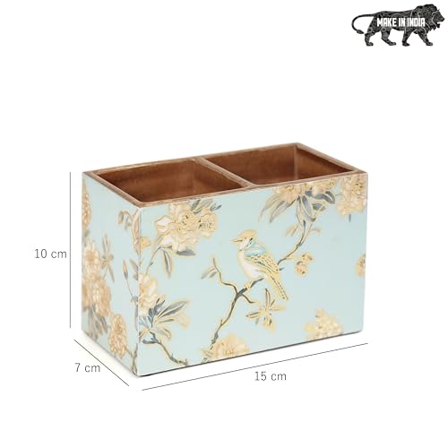 Image of DULI Multipurpose Stand, Cutlery Holder, Spoon Stand, Table Organizer with 2 Sections, Chammach Stand (10cm x 15cm) (MCDPSDbl- AquaGoldBirds)