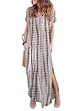 HUSKARY Women's Summer Maxi Dress Casual Loose Pockets Long Dress Short Sleeve Split -Tie Dye Brown
