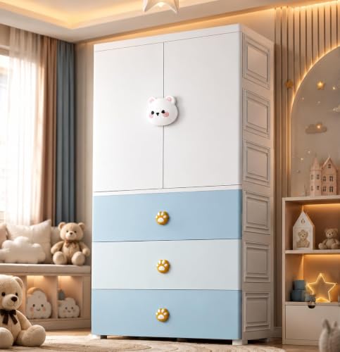 Image of HIWARE Premium Modular Wardrobe for Bedroom, Kids Room and Home | Spacious Clothes Storage Cabinet with Drawers and Shelves | Modern Stylish Design, Heavy Duty, Multiuse Organizer -SJ6514-BLUE Bear