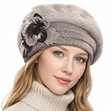 VECRY Lady French Beret 100% Wool Beret Floral Dress Beanie Winter Hat (Angola-Khaki)