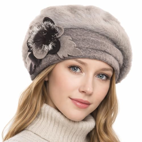 VECRY Lady French Beret 100% Wool Beret Floral Dress Beanie Winter Hat (Angola-Khaki)