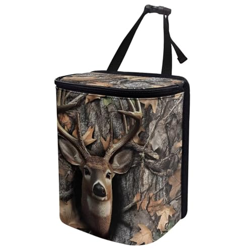 Image of Talayituse Deer Hunting Camo Print Car Trash Can with Lid, Leak Proof Auto Trash Bag Hanging Vehicle Garbage Can Multipurpose Storage Container for Back Seat Road Trip