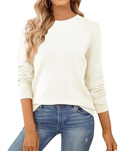 QUALFORT Damen Pullover 100% Baumwolle Leichter Langärmeliger Basic Strickpullover Weiß S