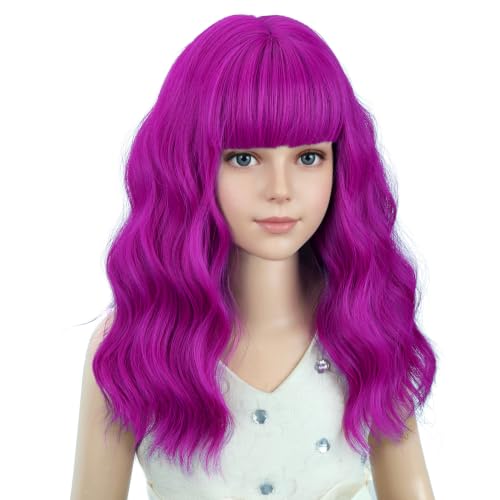 Image of PATTNIUM Girls Rose Purple Short Curly Wavy Wigs with Bangs Rose Shoulder Length Wavy Heat Resistant Synthetic Wig
