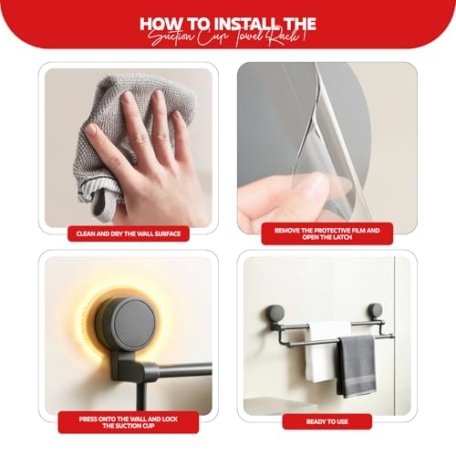 Image of MIORAH Suction Towel Holder for Bathroom - Rust - Free Powder Coated Wall Mounted Towel Rack No Drill Towel Rack Modern Bathroom Accessories Organizer Grey