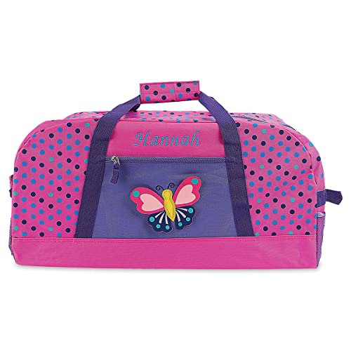 Lillian Vernon Personalized Duffel Bag for Kids, Roomy Pink & Purple Butterfly Weekender With Front & Side Compartment, Customizable Girls Sports & Travel Bags With Custom Name, 11