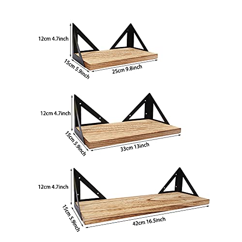 Rustic Wood Wall Shelves Set of 3,Floating Shelves Wall Mounted with Metal Bracket, Wall Mounted Farmhouse Shelves for Living Room, Kitchen, Bedroom and Bathroom - Thumbnail 3