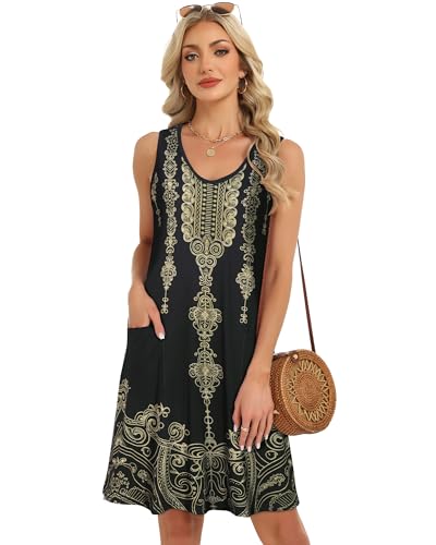 Image of elescat Womens Summer Dresses Casual V Neck Sleeveless Pockets Beach Loose Tank Sundress 2026