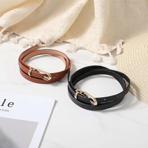 2 Pack Women Skinny Leather Belt for Jeans Dresses Pants Coats Thin Leather Black Brown Waist Belt with Adjustable Gold Metal Buckle for Shirts Sweaters Coats Women Ladies Girls 5