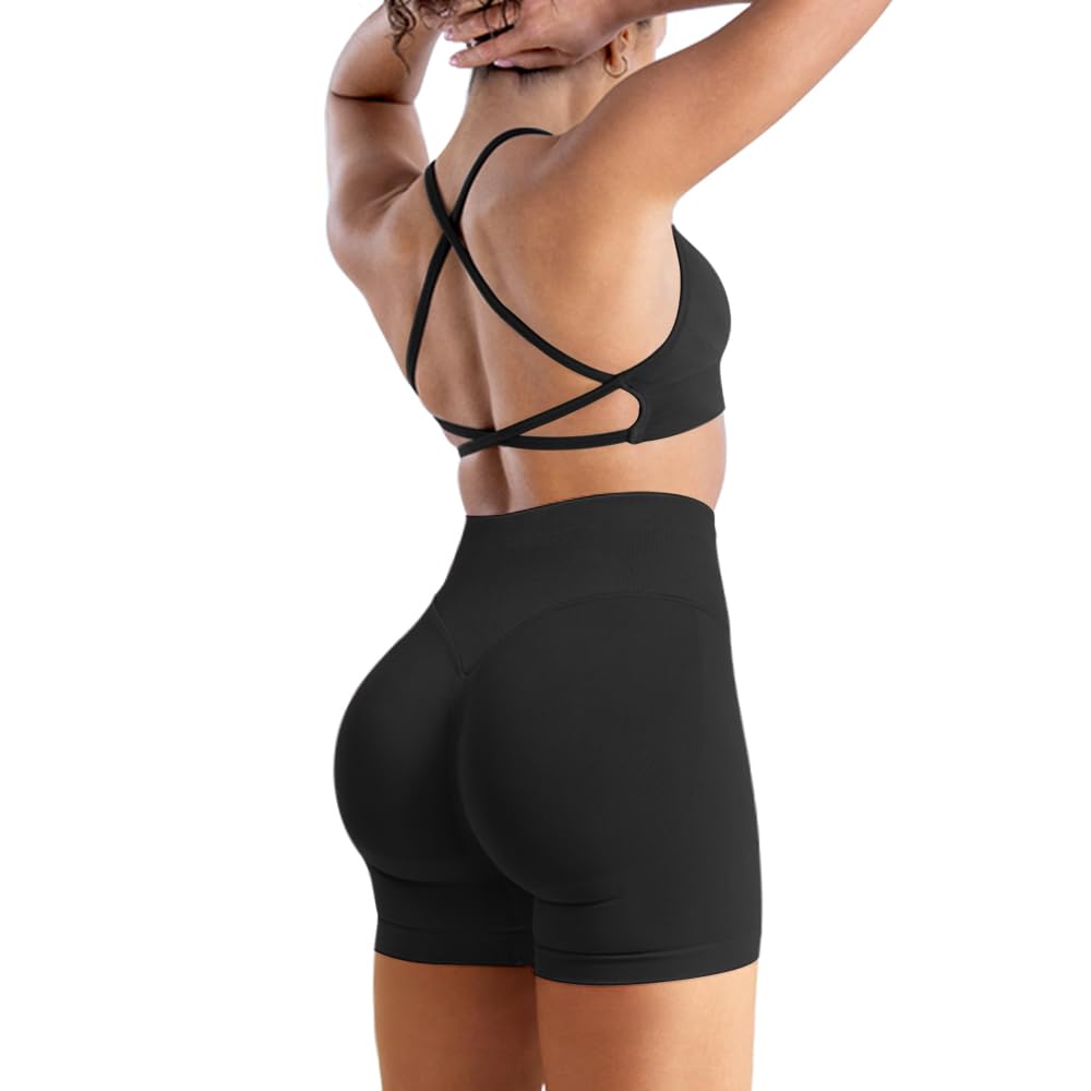 Seamless Workout Sets for Women 2 Piece Strappy Crisscross Sports Bras Hidden Scrunch Shorts Yoga Outfits Gym Tracksuit